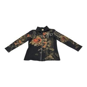 Vintage Jess & Jane Y2K S Black Eastern Floral Bird Kanji AOP Full Zip Cardigan